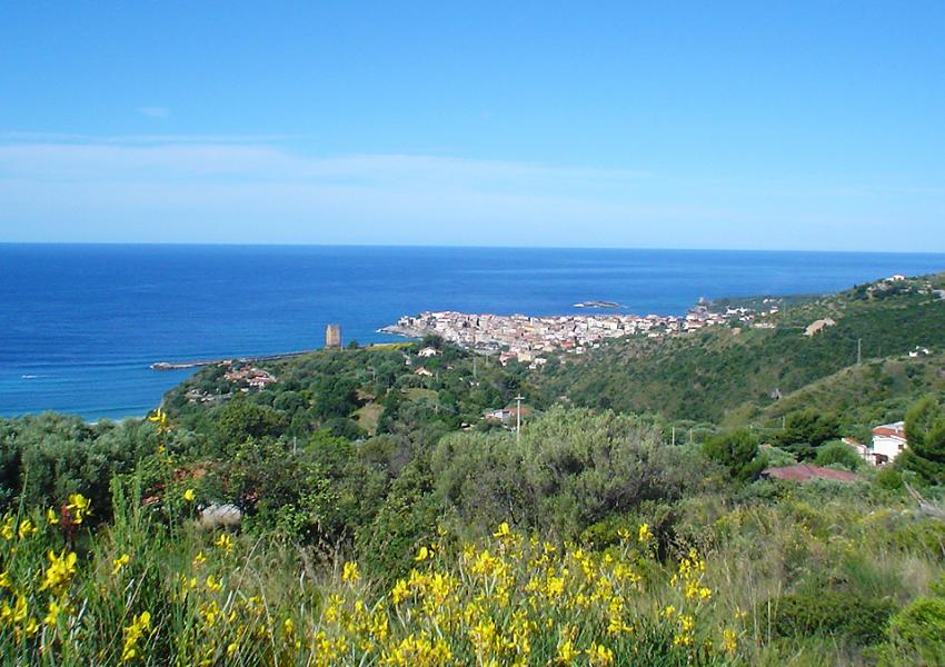Panorama costiero con vegetazione mediterranea e vista su un borgo marinaro.